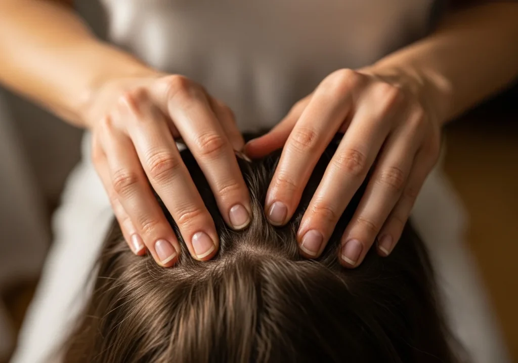 Top-down flat lay of eight different hair growth oil bottles, each clearly labeled, arranged on a cream marble surface. Surrounded by botanical elements like rosemary, coconut, and peppermint leaves. Soft natural lighting, clean and modern composition, high-resolution beauty editorial style.