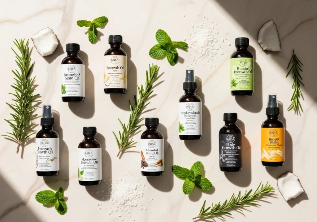 Flat lay comparison of best hair growth oils including castor, rosemary, coconut, and peppermint oils.