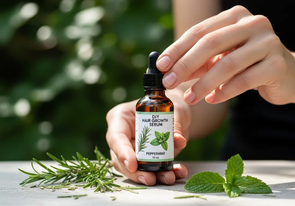 DIY hair growth serum in a dark glass dropper bottle made with natural oils for hair growth and thickness.