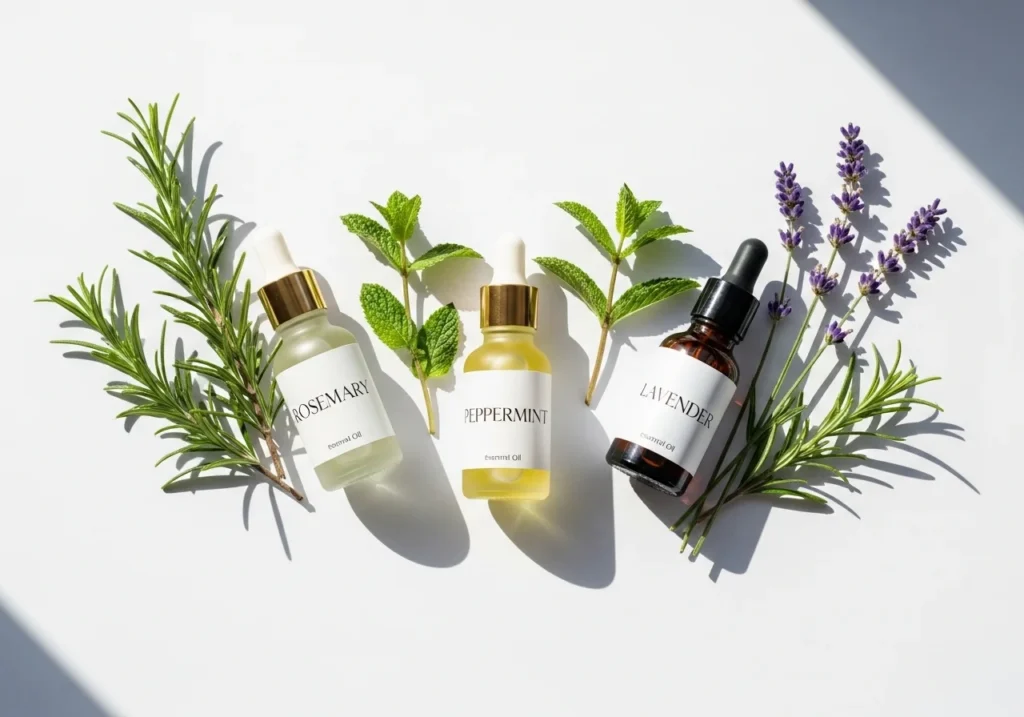 Small glass bottles of essential oils for hair growth, including rosemary, peppermint, and lavender, with fresh herbs on a white background.