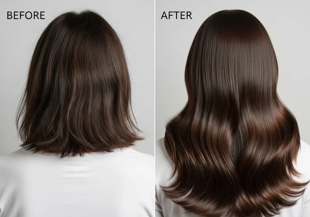 Best oils for fast hair growth results showing thicker longer hair before and after routine