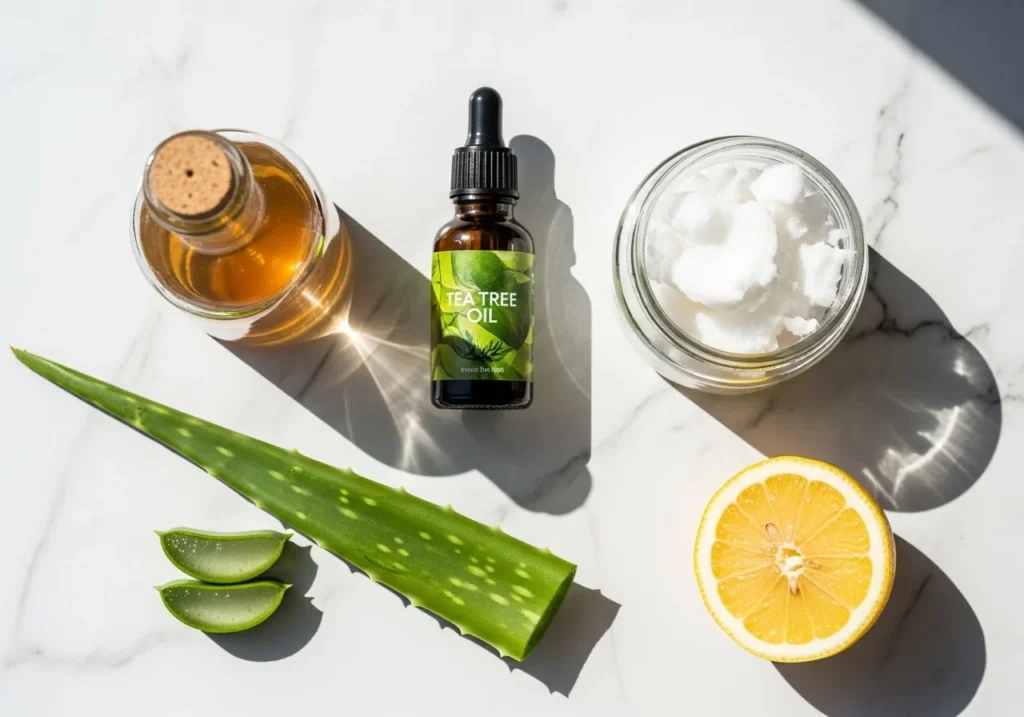 Flat lay of natural dandruff treatment ingredients including apple cider vinegar, coconut oil, aloe vera, tea tree oil, and lemon on a white marble surface.