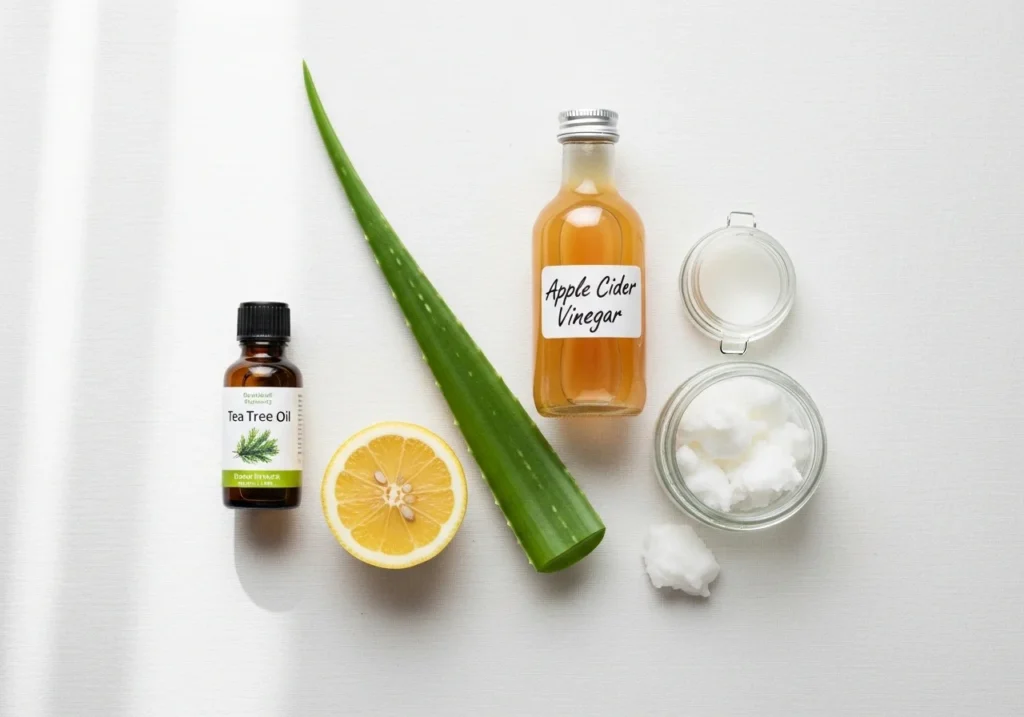 Flat lay of home remedies for dandruff including tea tree oil, apple cider vinegar, aloe vera, lemon, and coconut oil.