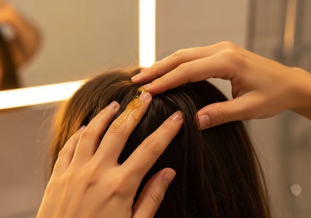 Person applying natural hair oil treatment to scalp with fingers through sectioned hair. Warm golden lighting, clean bathroom setting, soft focus background, high-resolution beauty editorial style, demonstrating effective home dandruff treatment.