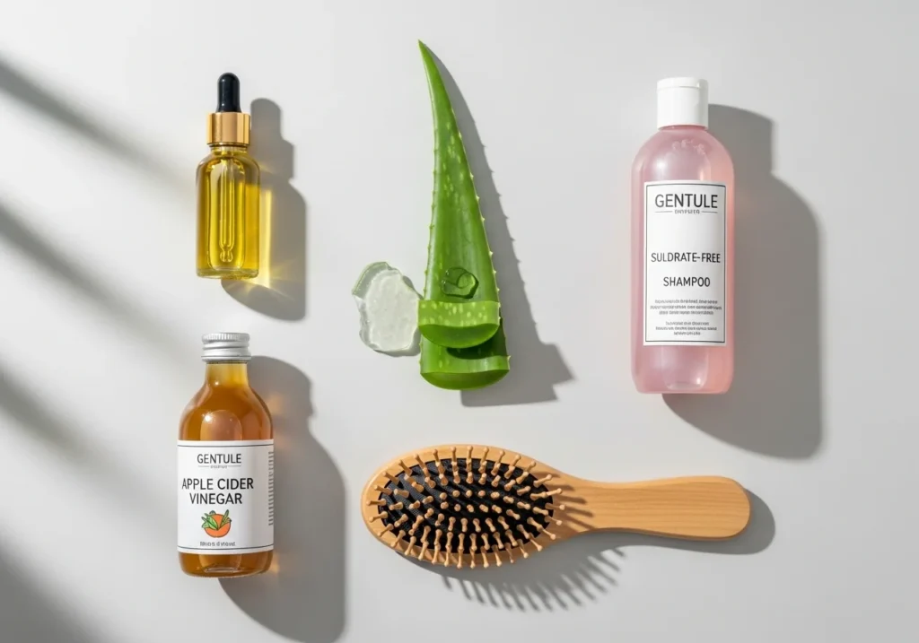 Person applying hair oil to scalp for fast dandruff treatment at home using natural remedies.