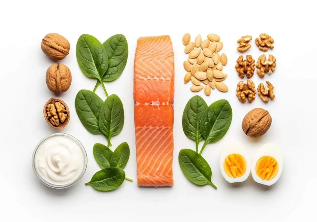 Flat lay of foods that help fight dandruff, including zinc-rich pumpkin seeds, omega-3 salmon, eggs, walnuts, yogurt, and spinach.