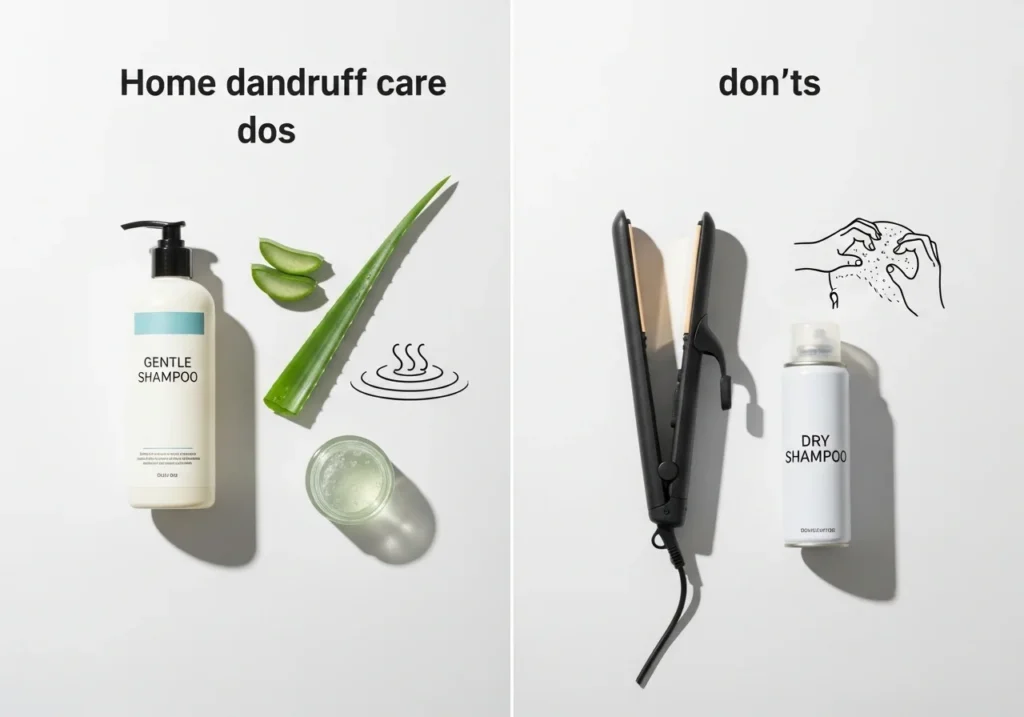 Flat lay showing dos and don’ts for home dandruff treatment, including what to avoid for healthy scalp care.