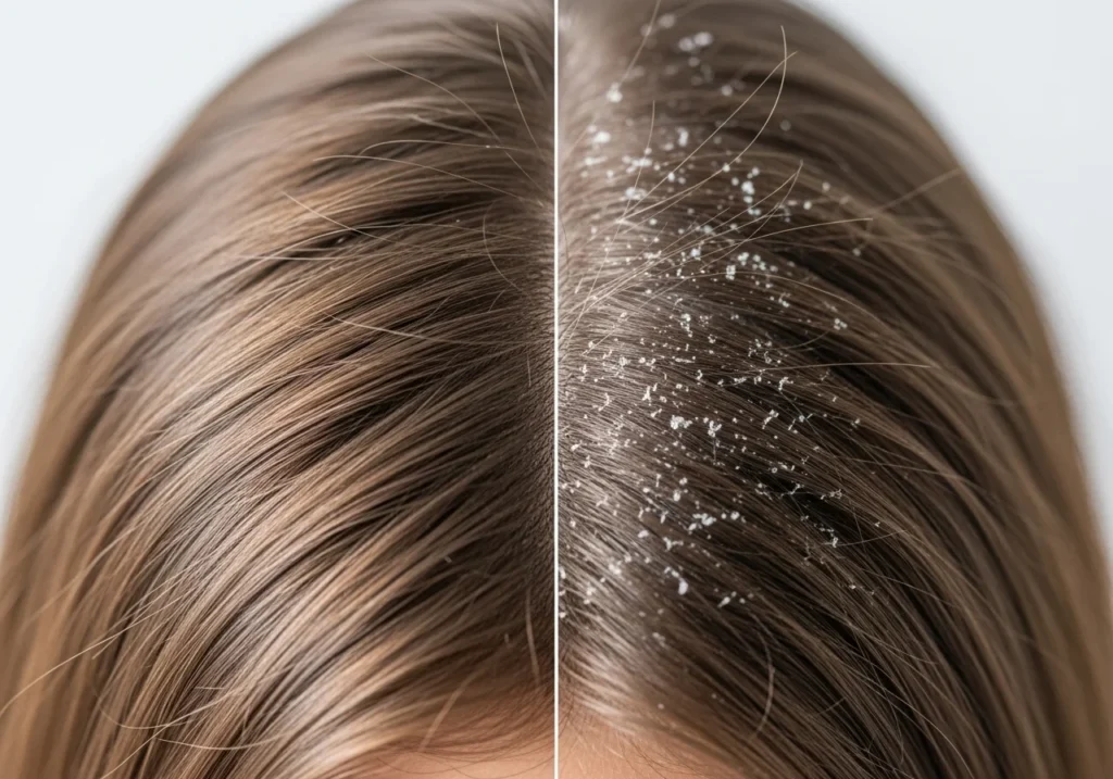 Top-of-head close-up showing healthy scalp next to flaky dandruff-prone scalp for educational comparison.
