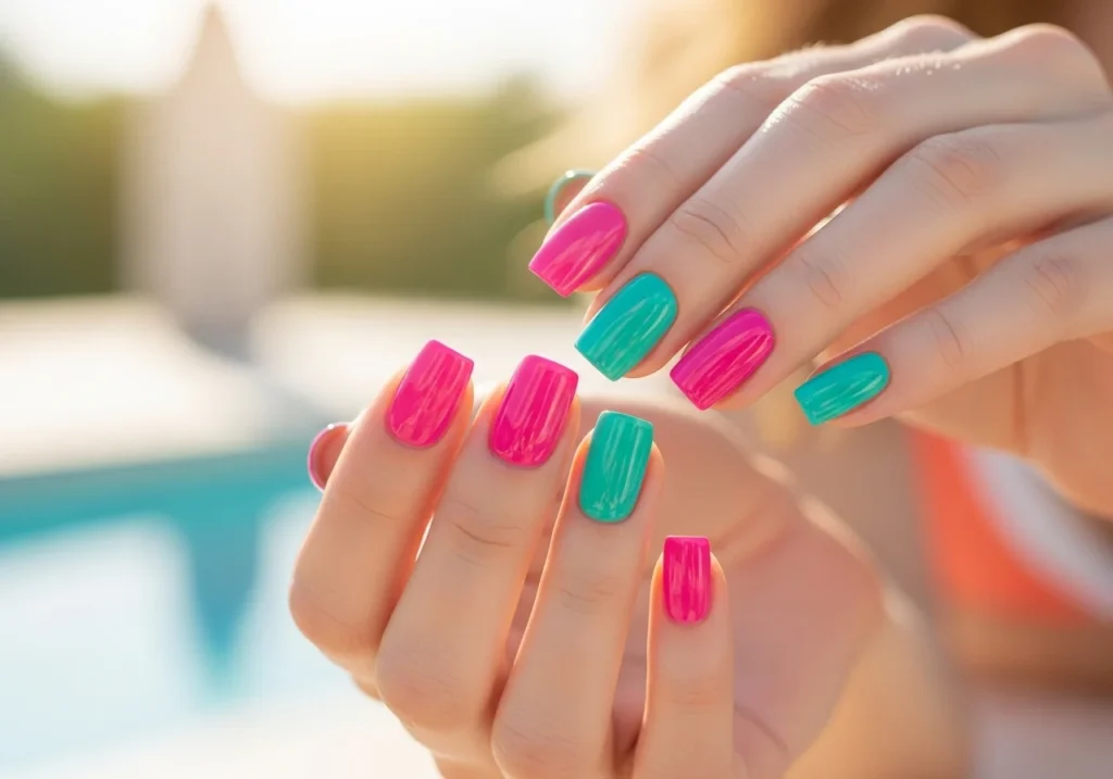 Bright summer nails with floral nail art cute design
