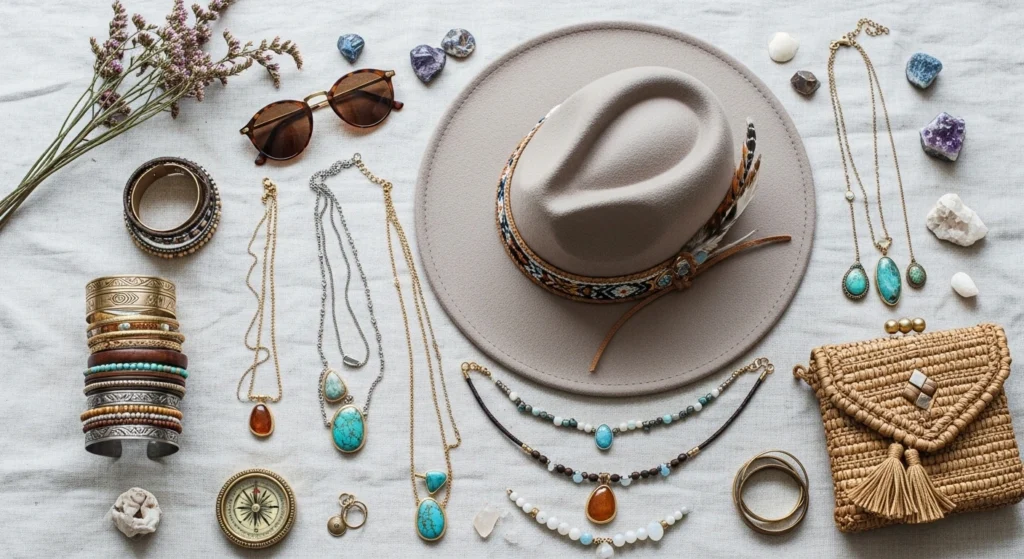 Chic boho outfits with layered jewelry and hats