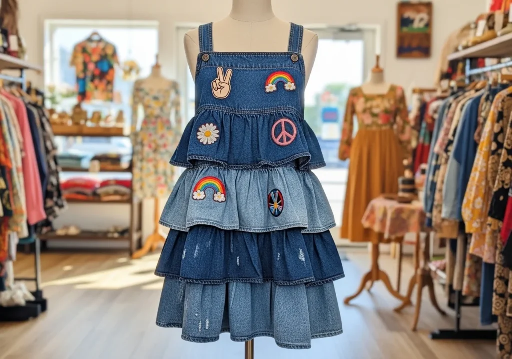denim dress layered with white t-shirt