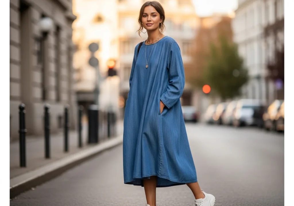 comfortable oversized denim dress styling
