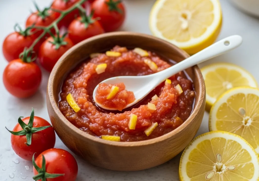 Tomato and lemon mix applied under eyes to brighten dark circles