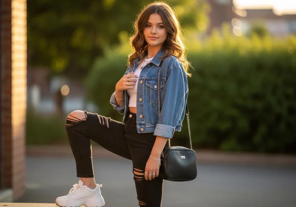 teenage girl wearing trendy everyday casual outfit