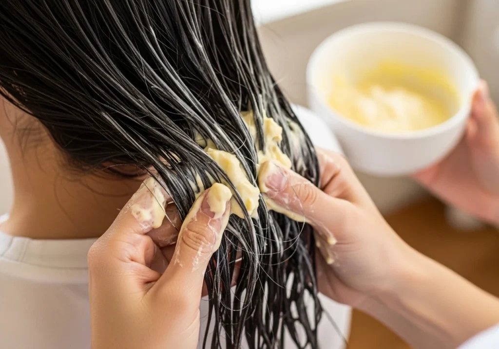 Applying egg and yogurt hair mask on hair to repair damage and strengthen weak strands