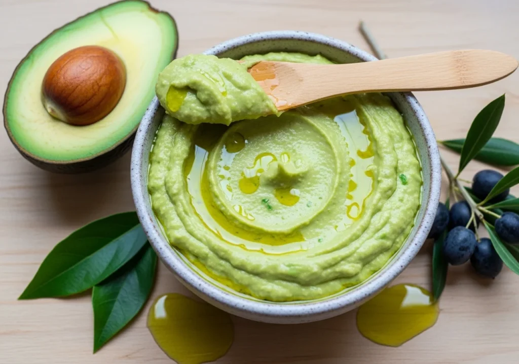 Avocado and olive oil hair mask paste prepared for deep nourishment and soft, healthy hair