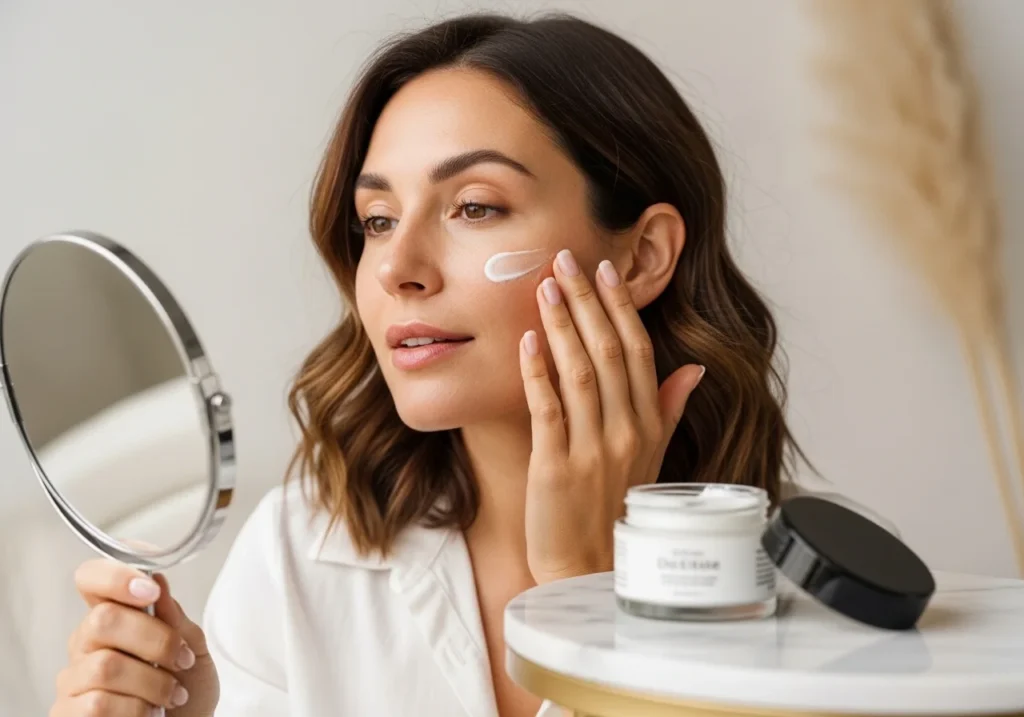 Woman applying night cream during skincare routine