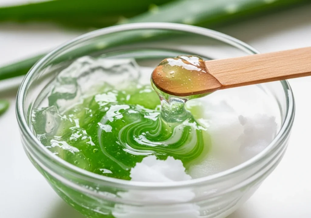Aloe vera gel mixed with coconut oil for a soothing hair mask to hydrate and repair dry, damaged hair