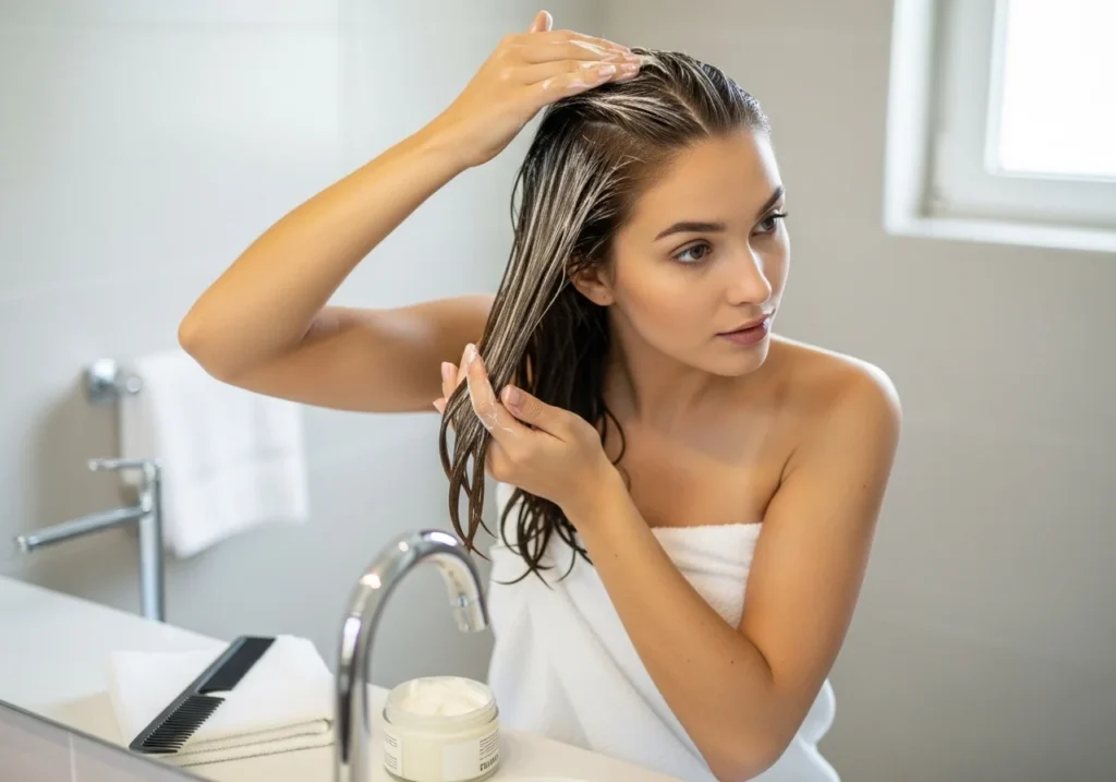 applying hair mask for deep conditioning treatment