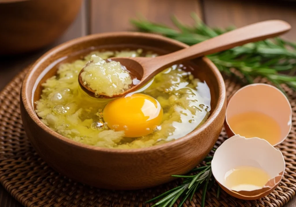 Castor oil and egg hair mask applied to strengthen hair, reduce breakage, and support healthy hair growth