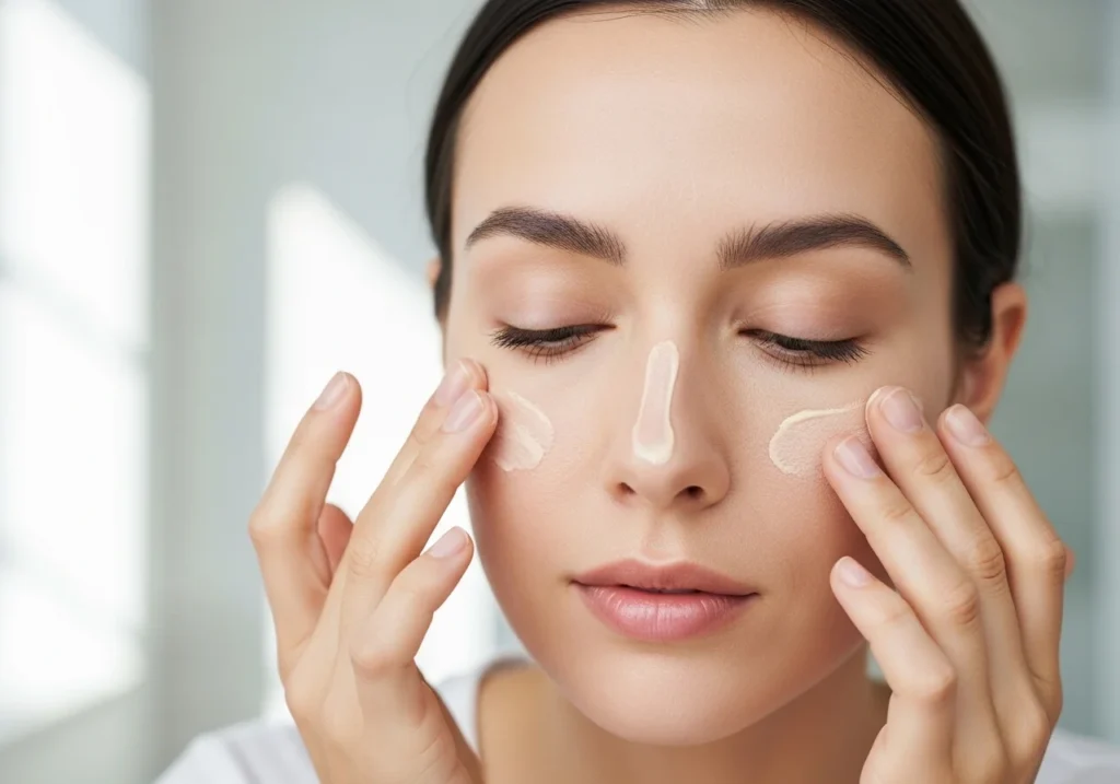 Applying BB cream evenly on the face for a natural, smooth, and even skin tone