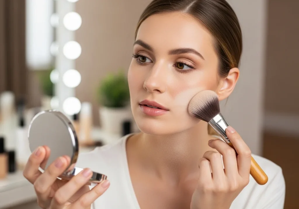 Setting makeup with compact powder for a smooth matte look