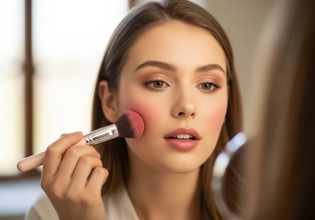 Soft blush applied on cheeks for a natural glow