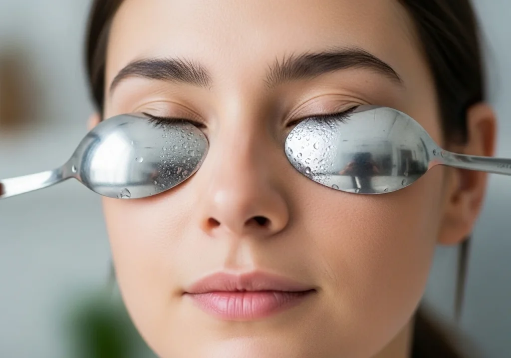  Using chilled spoons under eyes to reduce puffiness and dark circles
