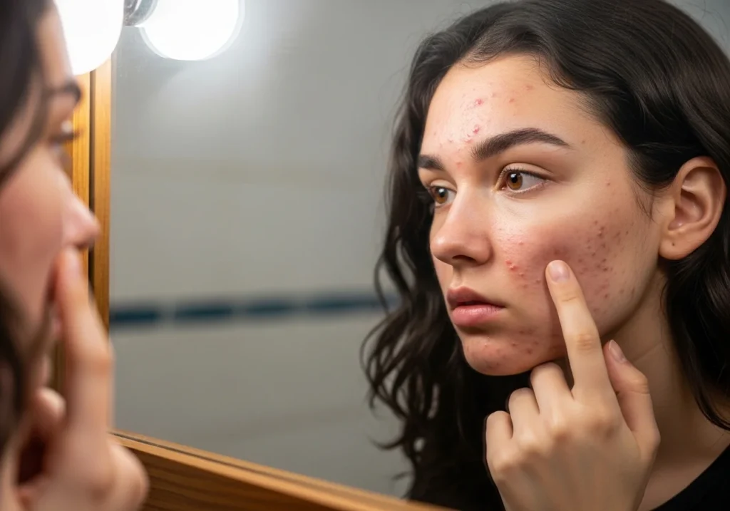 young woman checking acne scars on face