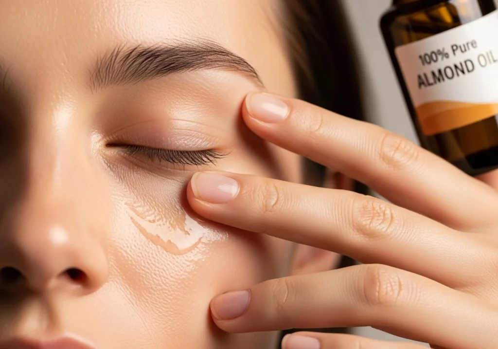 Gentle almond oil massage under eyes to reduce dark circles