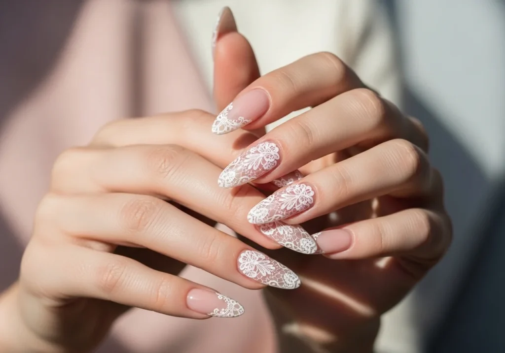 Lace pattern nails with intricate detailing