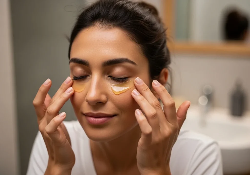 Natural honey applied under eyes for hydration and glow