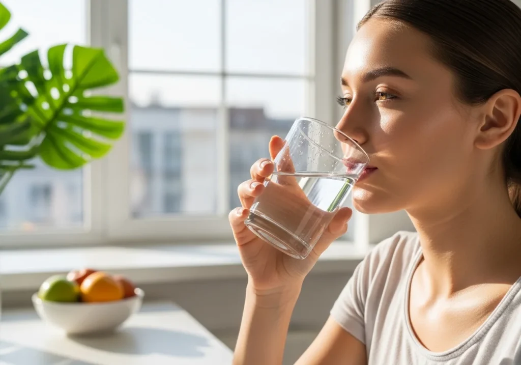 Drinking water daily to keep skin hydrated and glowing