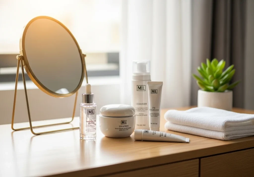 Morning Self Care Routine with skincare products on a clean vanity table