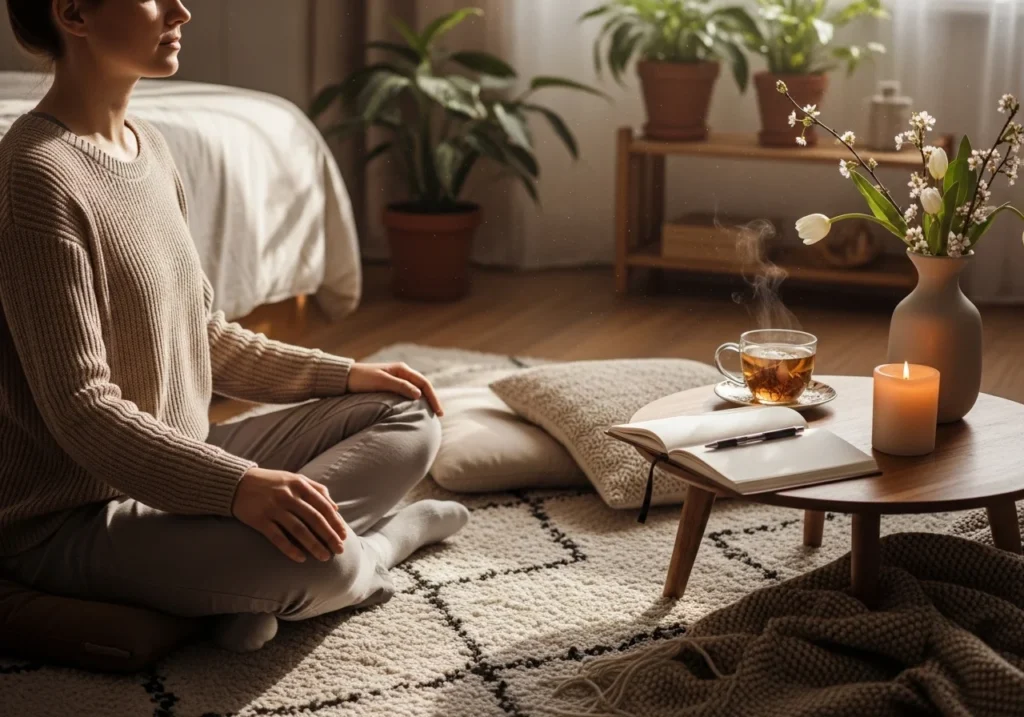 Person meditating in a cozy space as part of a calming Morning Self Care Routine