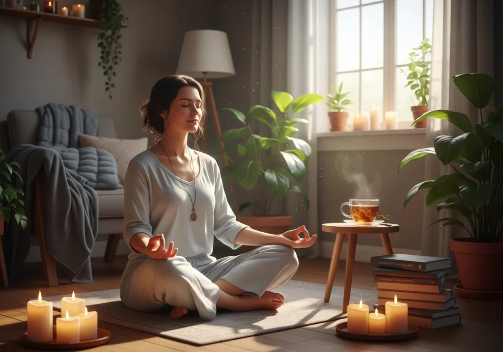 Woman practicing meditation in a cozy setting for her Morning Self Care Routine