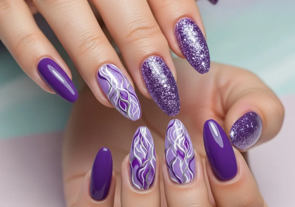 Purple Color Nail Art with cute floral design on short nails