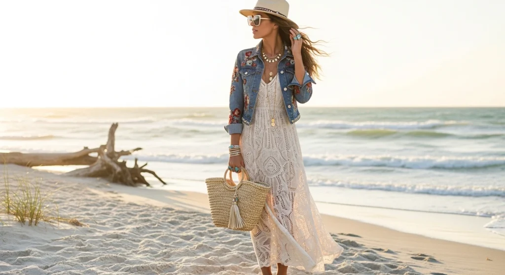 Summer boho outfit with maxi dress and sandals