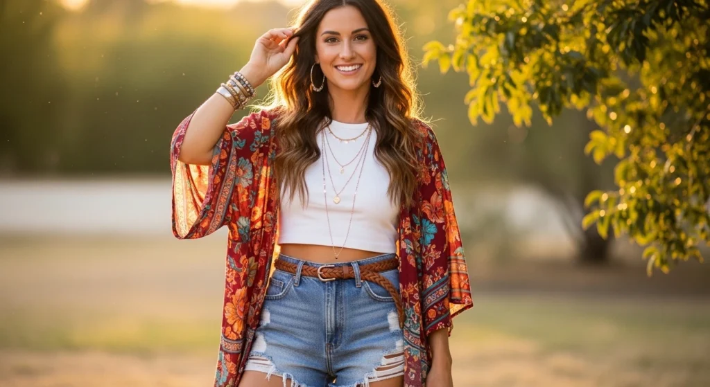 Bohemian fashion style with earthy tones and prints