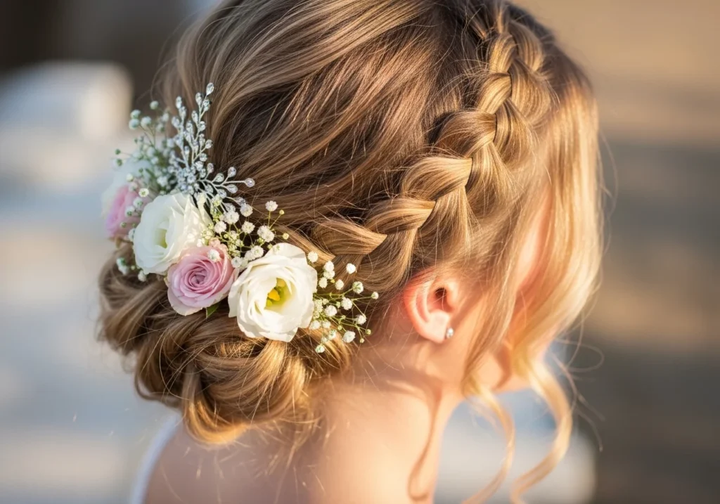 Bridal Hair Style Ideas for a Beautiful and Elegant Wedding Look with floral accessories