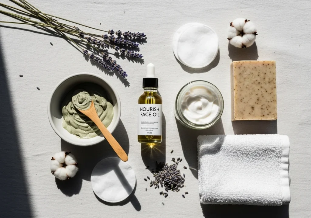 Natural skincare routine using simple products for healthy glowing skin