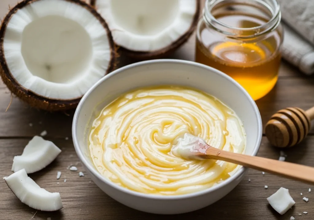 Coconut oil and honey hair mask mixture in a bowl for deep hair hydration and shine