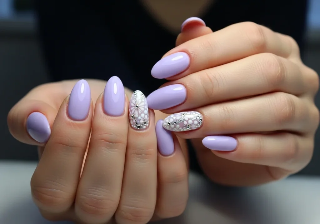 Purple Color Nail Art with cute floral design on short nails