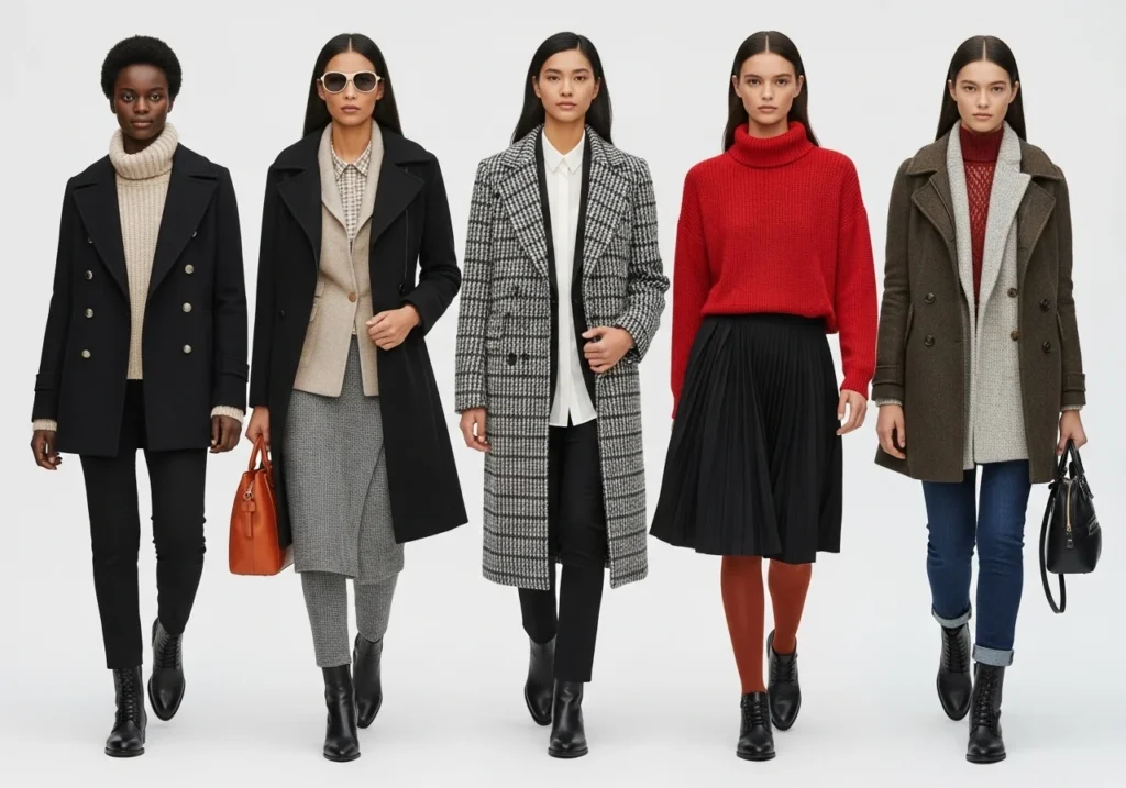Layered outfit ideas, stylish fall layering with jackets, knits, and chic everyday fashion