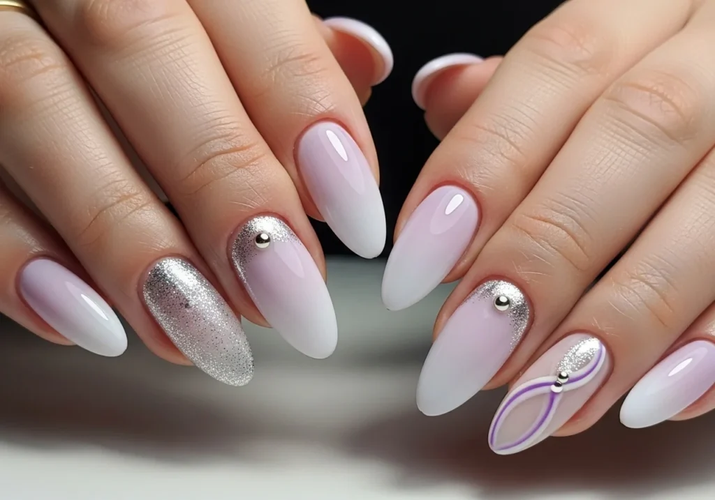 Purple Color Nail Art with cute floral design on short nails