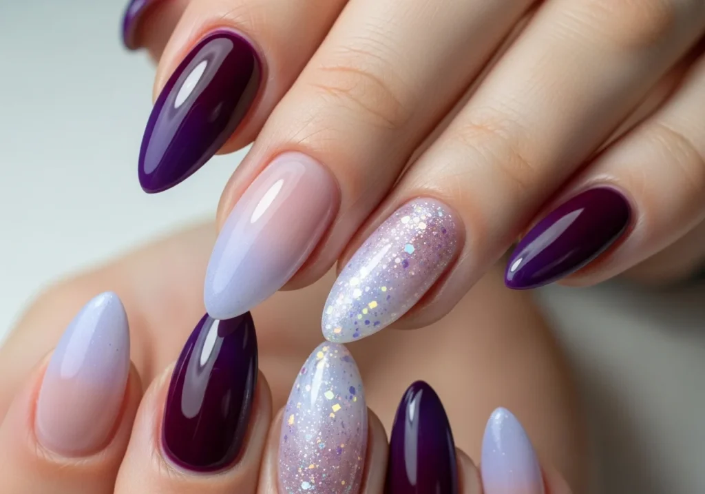 Purple Color Nail Art with cute floral design on short nails