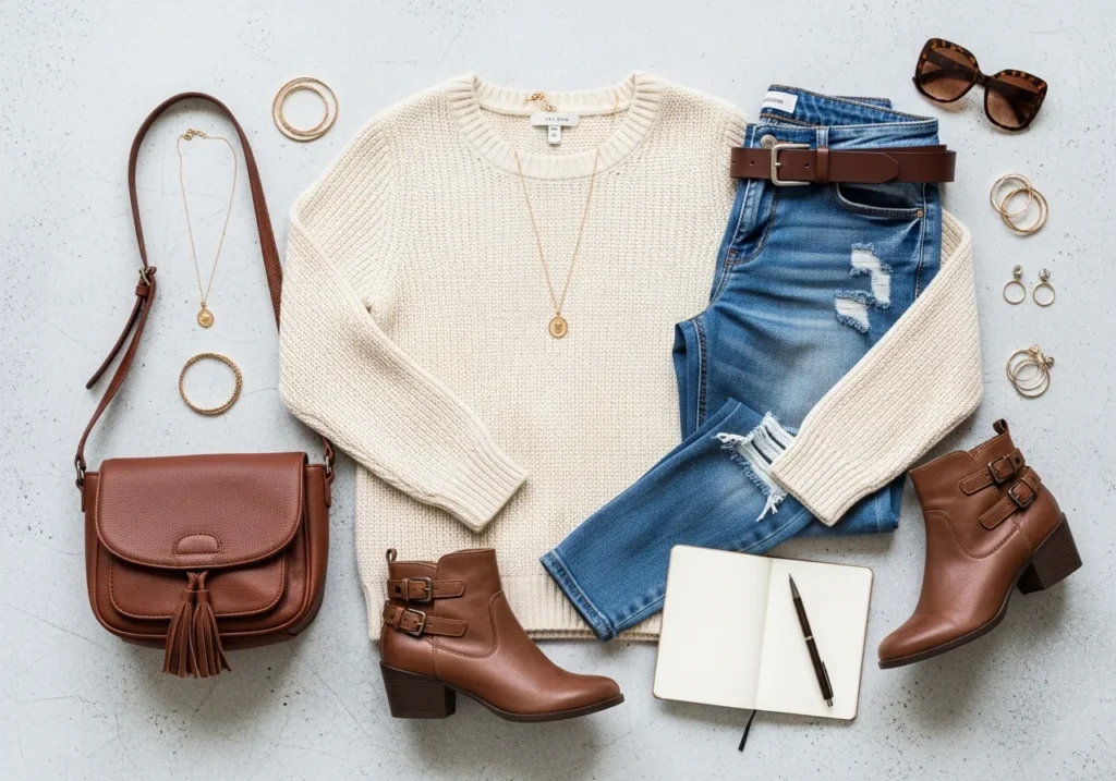 Outfit flat lay with trendy accessories, stylish clothing pieces, and chic fashion essentials for everyday style