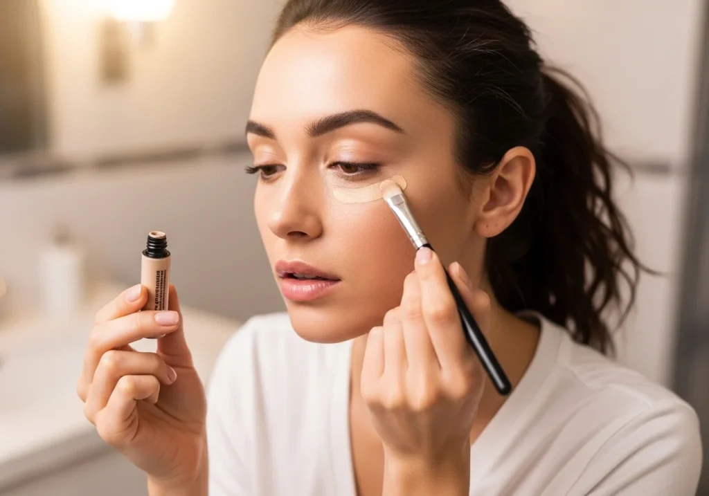 Applying concealer under the eyes to brighten dark circles and create a fresh, even complexion