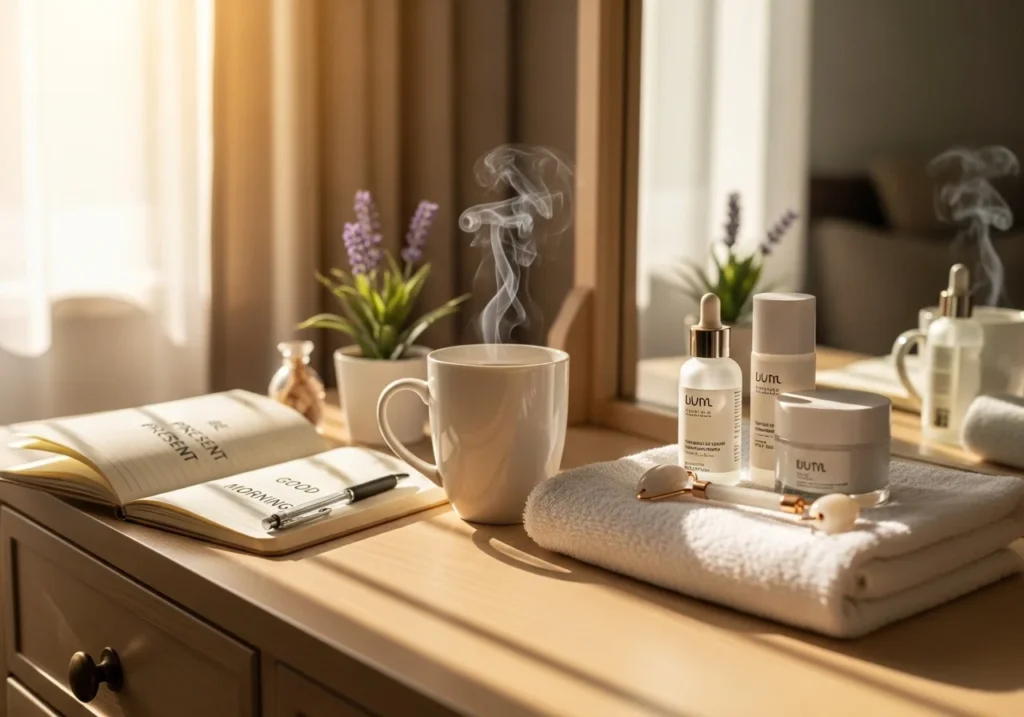Morning Self Care Routine with skincare products on a clean vanity table