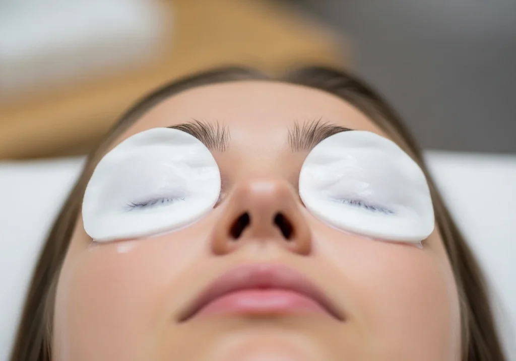 Milk-soaked cotton pads applied under eyes for hydration and brightness
